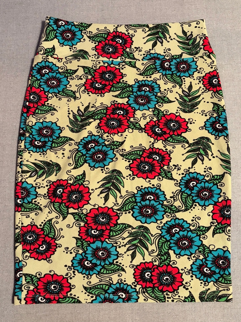 Floral Print Pencil Skirt - Yellow Background with Red & Teal Flowers